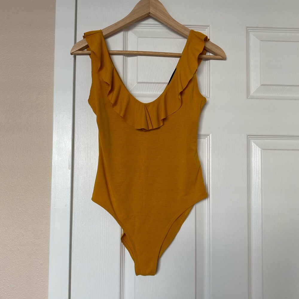 Forever 21 Mustard Yellow Ruffle V-Neck Bodysuit